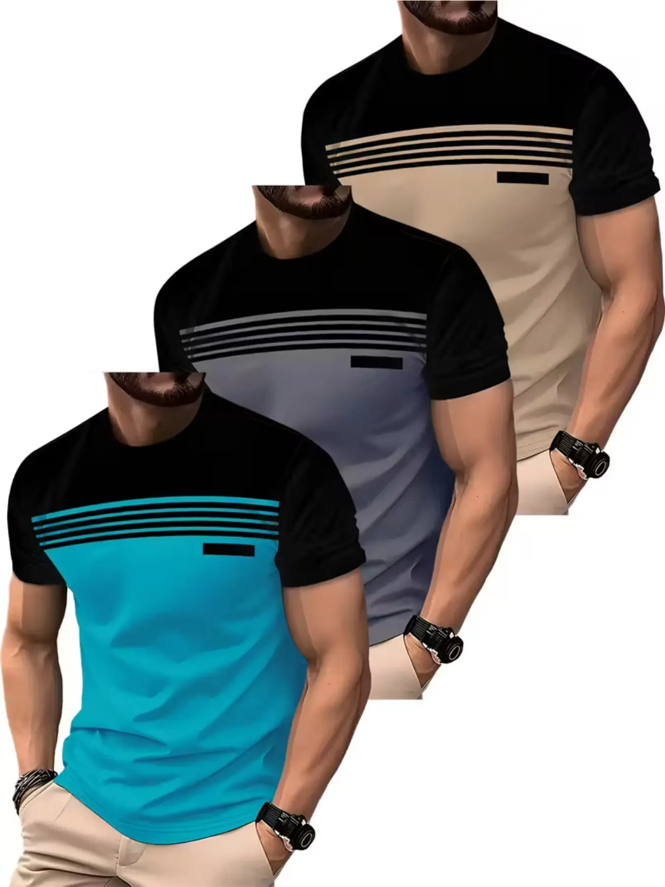 Men's Short Sleeve T-Shirt Set, Top, Striped Patchwork Design, Casual Comfortable Fit, Perfect for Summer, All Seasons Wear