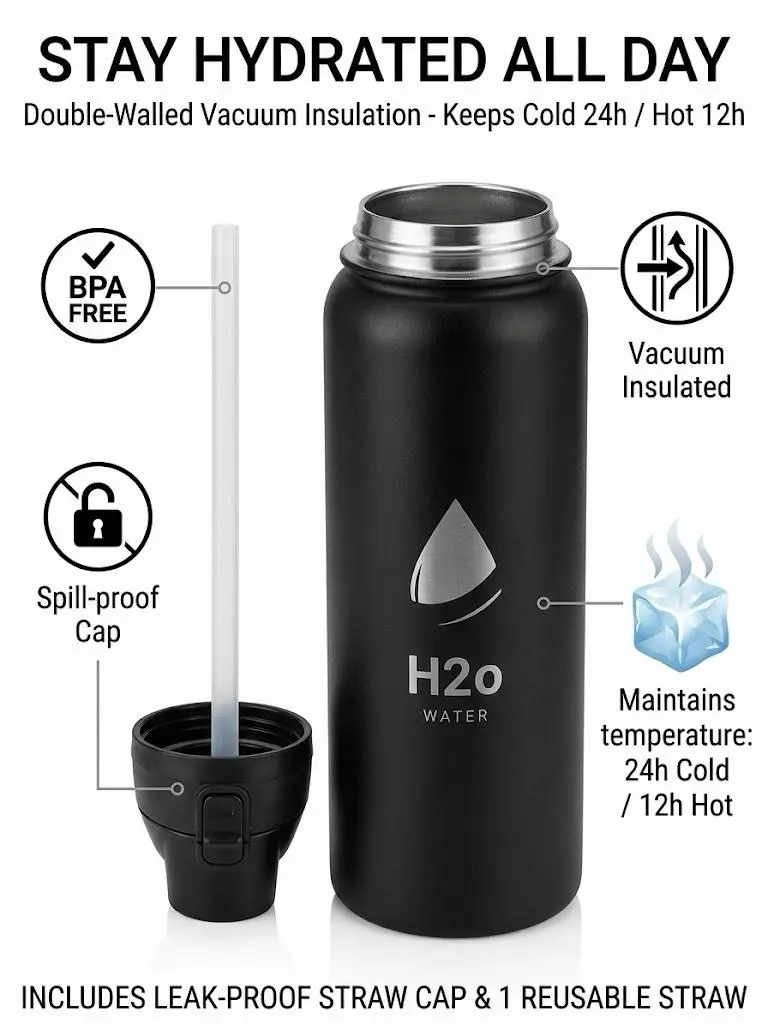 H2O Water Double-Walled Vacuum Insulated Bottle BPA Free Spill-Proof Cap Maintains Temperature 24h Cold 12h Hot Includes Leak-Proof Straw Cap & 1 Reusable Straw