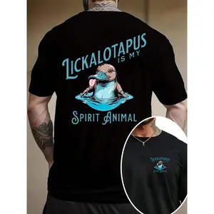 Men's Cartoon Lickalotapus Print Round Neck Tee, Regular Fit Casual Short Sleeve T-shirt, Men's Summer Top for Daily Wear, Tropical, Casual Style Tee