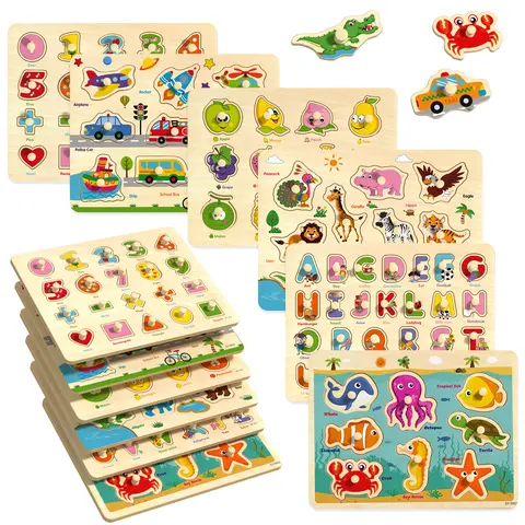 Edutree 6-Piece Wooden Peg Puzzle Set - Montessori Kids Toys, Baby Toys, Educational Game for Toddlers 1-4, Alphabet Number Animal Vehicle Shape Wooden Jigsaw Puzzle for Girls, Back to School Gift