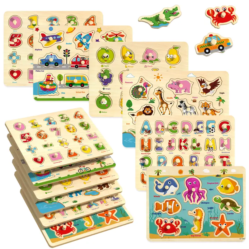 Edutree 6-Piece Wooden Peg Puzzle Set - Montessori Kids Toys, Baby Toys, Educational Game for Toddlers 1-4, Alphabet Number Animal Vehicle Shape Wooden Jigsaw Puzzle for Girls, Back to School Gift
