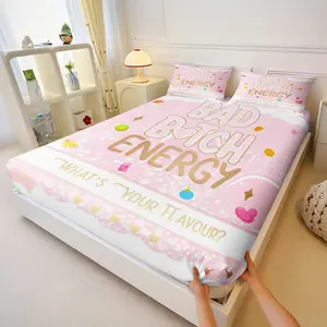 Ins Style Pink Bad Bitch Energy Fitted Sheet Sets,Kawaii Coquette Fruit Print Bed Sheet Sets,Includes 1 Deep Pocket Fitted Sheet & 2 Pillowcases,Ultra Soft Microfiber Bed Set,Trendy Y2K Bedding for Teen Girls Bedroom,Dorm & Guest Room Decor