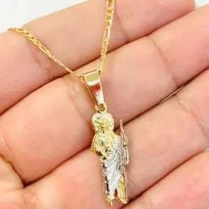 Tri Color Saint Jude Necklace for Womens and Mens Link Figaro Chain 20"