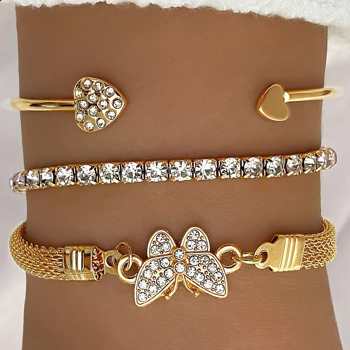 Women's Chain Bracelets, 3-Piece Tennis Style Bracelet Combo with Butterfly Motif, Costume Jewelry with Rhinestones, Daily, Casual, Tennis Bracelets, 3-Piece Combo