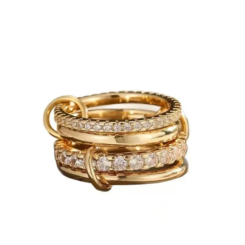 Women's 14K Gold Adjustable Interlocking Stackable Band Ring Set - Pavé Cubic Zirconia, Y2K Layered Aesthetic, Hypoallergenic, Elegant Everyday Ring, Sparkling Everyday Wear Fashion Jewelry
