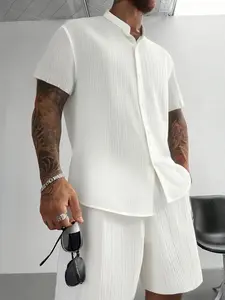 Men's Two-Piece Set Classic Textured Striped Stand Collar Short Sleeve Shirt + Shorts, Summer Casual Loose Fit, Breathable Linen-Like Fabric, Menswear