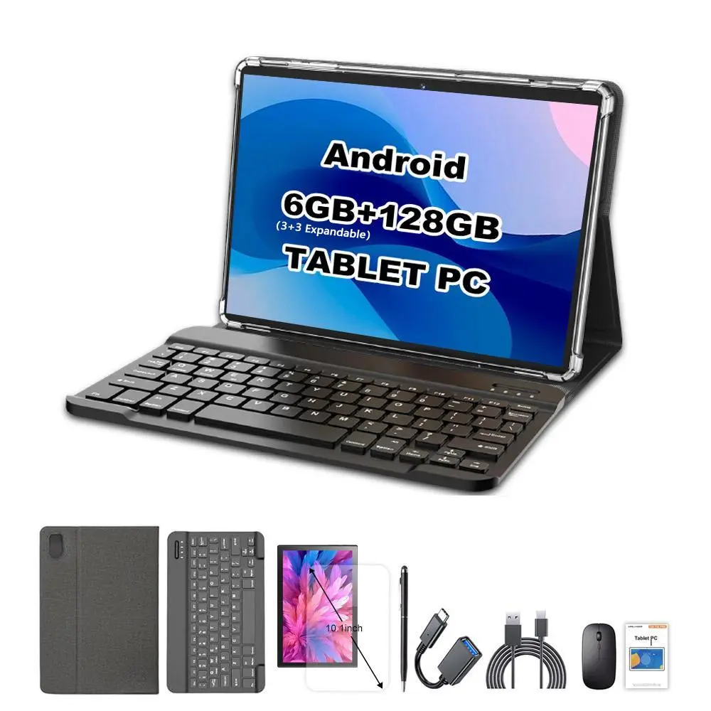 10.1-Inch 2-in-1 Tablet PC, Android Tablets, Android HD IPS Screen, 6GB (3+3GB Expandable) + 128GB Storage, Dual Camera Tablet with Keyboard, Stylus, Mouse and Artificial Leather Cover Stand, Tablet Set Android