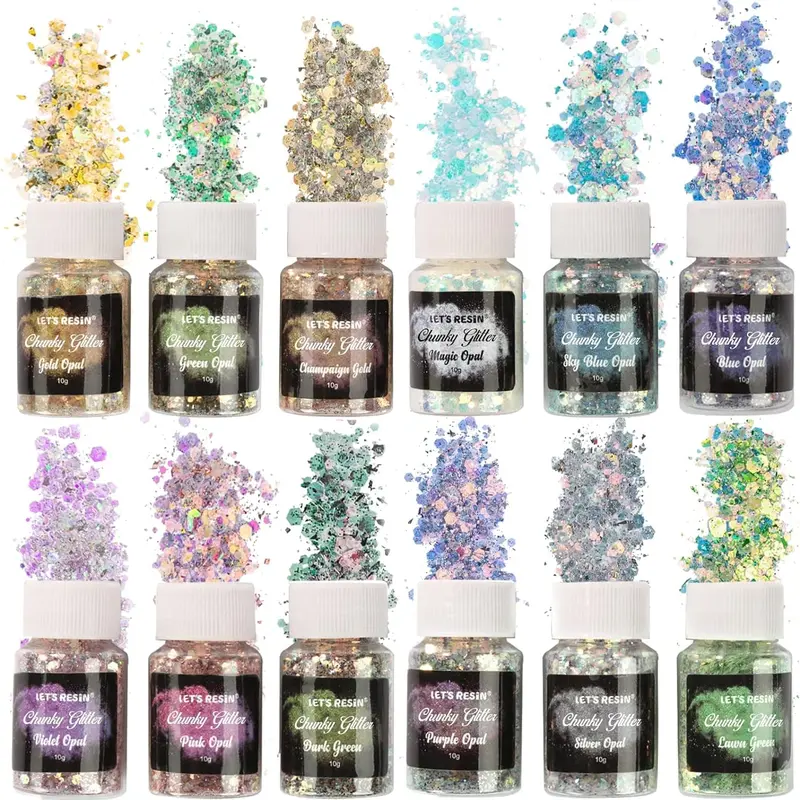 LET'S RESIN Opal Chunky Glitter Set, 12x10g (0.35oz per bottle) Illuminating Iridescent Color-Shifting Art Supplies, Nail Art Supplies for Resin Jewelry, Tumblers, Slime