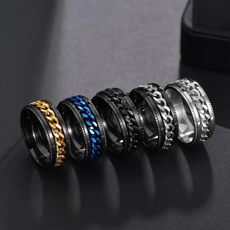 Cool Stainless Steel Rotatable Men Ring  Spinner Chain Punk Women Jewelry for Party Gift