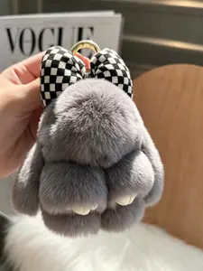 Plush Lop-Eared Rabbit Bag Charm 3d Checkered Bow Design Available In Two Colors Stylish And Versatile For Bags, Keys, And Cars Sturdy And Durable Couple'S Bag Charms, Bag Charms For Handbags, Gifts For Children And Holidays
