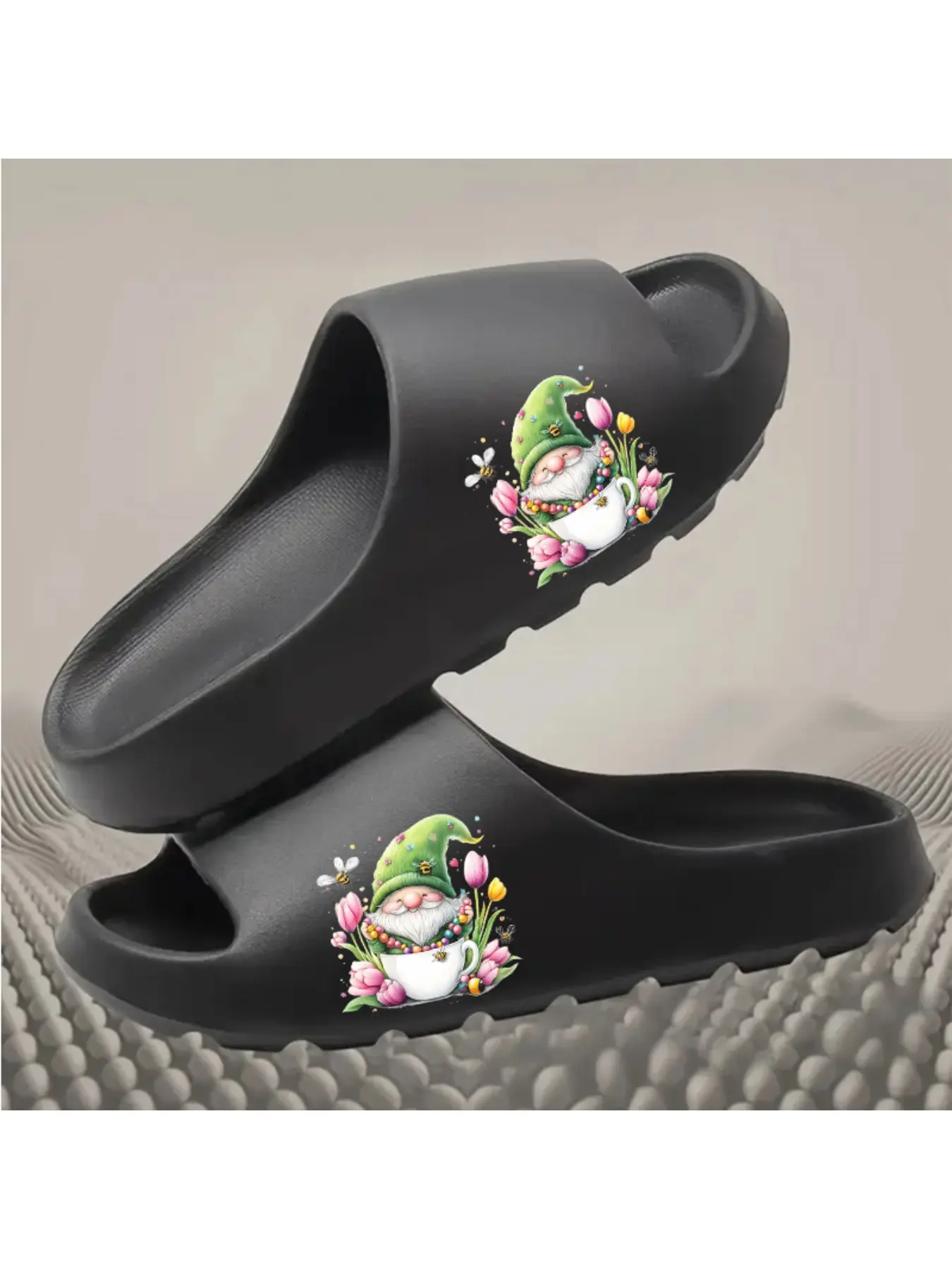 Cute Gnome in Teacup with Tulips Bees Colorful Beads Print Coconut Slippers for Women Men Comfortable Non-Slip Garden Indoor Outdoor Spring Summer Casual Home Shoes
