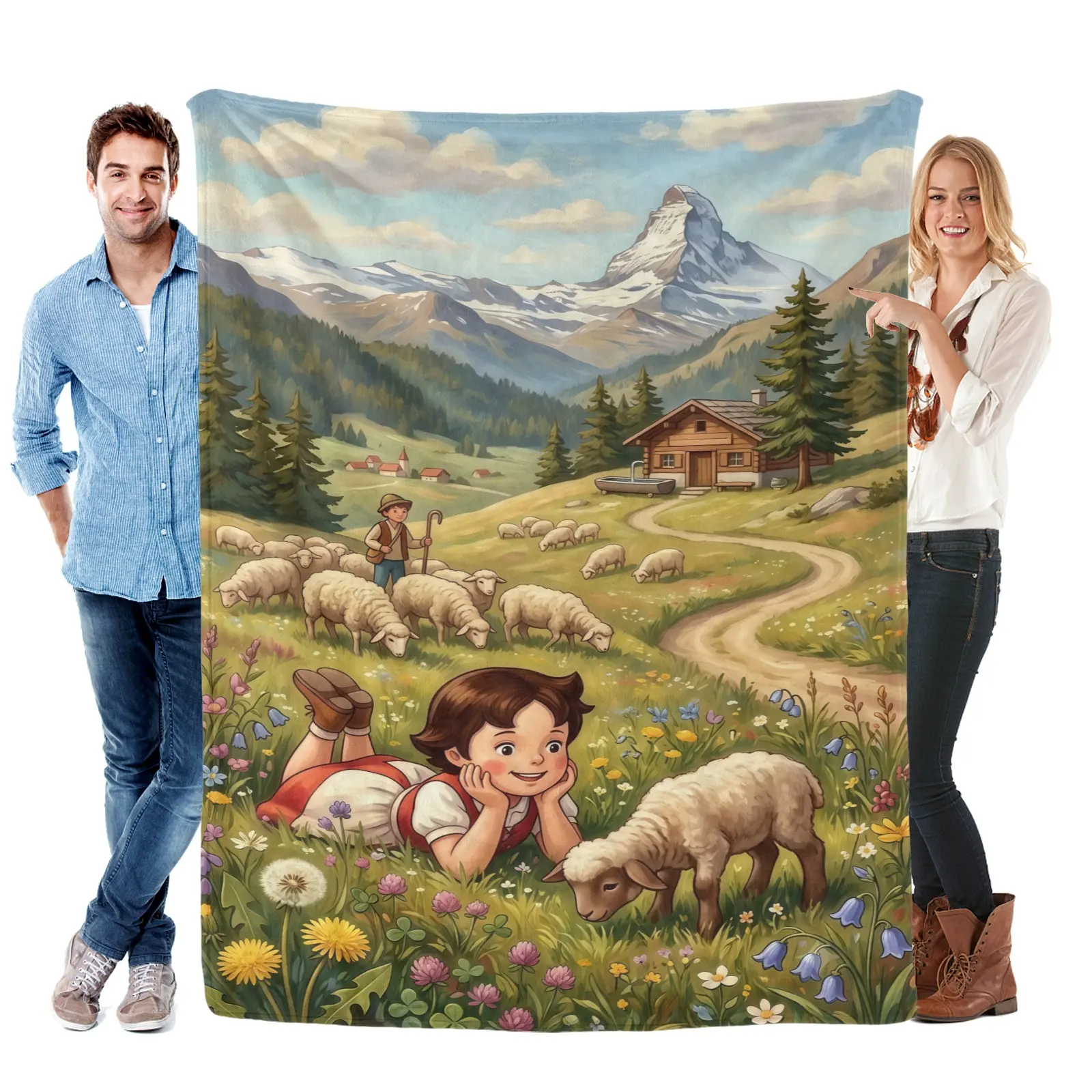 Heidi Cartoon Blanket, Alpine Mountain Lake Flannel Throw Blanket with Picnic Scene Print, Soft Cozy Plush Blanket for Sofa Bedroom Home Decor, Perfect Gift for Kids and Cartoon Lovers