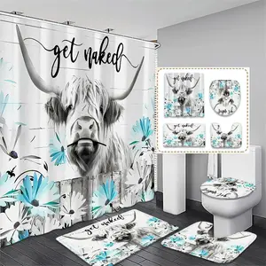 Creative Cow Pattern Bathroom Accessories, 1 Shower Curtain & 1 Toilet Lid Cover & 1 Rectangular Mat & 1 U-shaped Mat, Shower Curtain Set, Bathroom Decor Supplies
