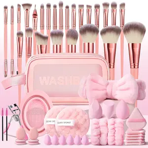 Pink Makeup Brush Set, Makeup Brushes Kits, 56Pcs Makeup Set Includes 25-Piece Synthetic Brushes, Beauty Sponges, Makeup Puffs, Storage Bag, Brush Cleaning Tools, Cleaning Sponge, Headband & Wristbands, Eye Makeup Accessories, Makeup Kit for Daily Use
