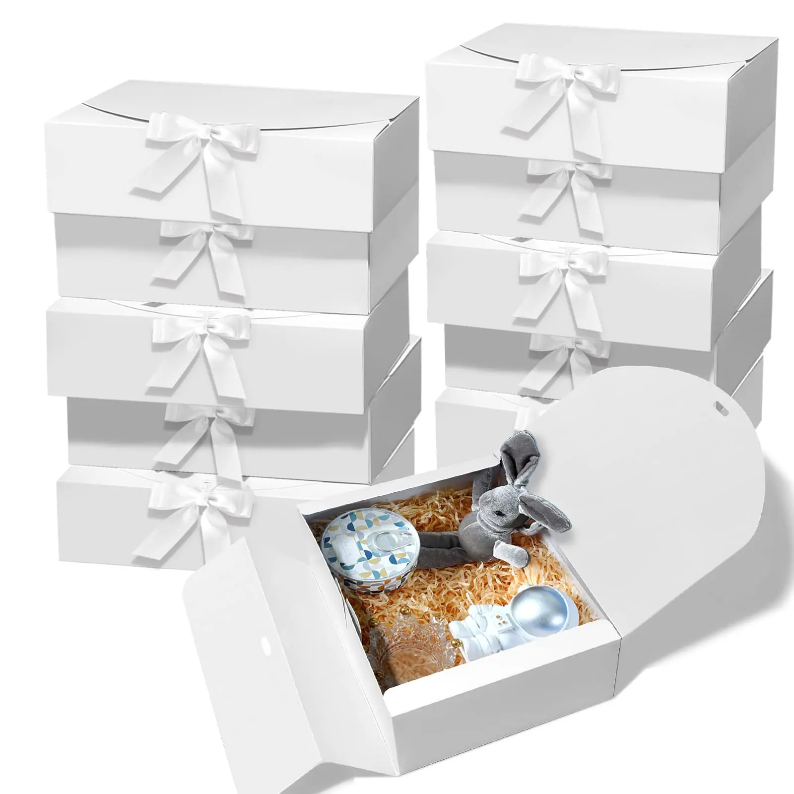 10 PCS Gift Boxes with Lids, 10.6x7.8x3.1 Inch Kraft Paper Gift Box, White with Ribbon, Bridesmaid Proposal Box for Wedding, Packaging, Present, Birthday,
