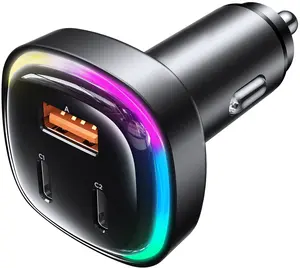 66W USB C Car Charger, [All Metal] 2PD + QC3.0 USB Car Cigarette Lighter USB Charger Adapter with RGB for Samsung Galaxy S23/22/21 iPhone iPad Pro Pixel Android Phones