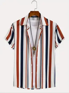 Men's Striped Print Button Up Shirt, Regular Fit Casual Short Sleeve Collared Top for Summer, Fashion Men's Clothes for Daily Wear