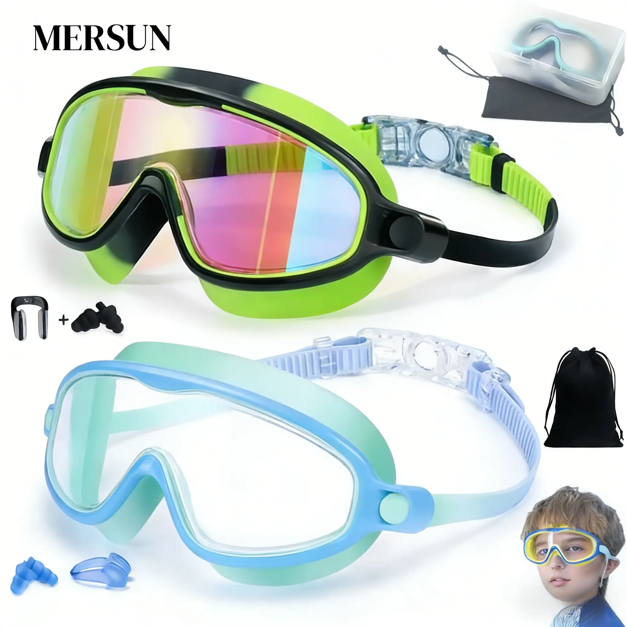 MARISUN 2 Pcs Kids-Swim-Goggles with Nose Cover, Wide View Anti Fog UV Anti Shattered Lens for Kids 3-6/6-15 anti-uv swimming goggles swim glass wide view uv swimming goggles anti-fog swimming goggles easter gift Swim Kit summerwins,bathin