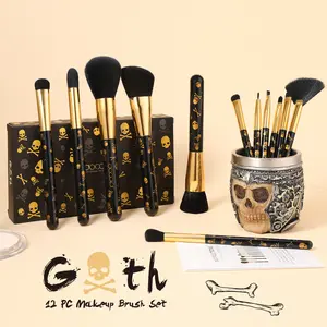 Docolor Goth Skull Makeup Brush Set - 12Pcs for Face & Eye, Halloween Theme Cosmetic Kit
