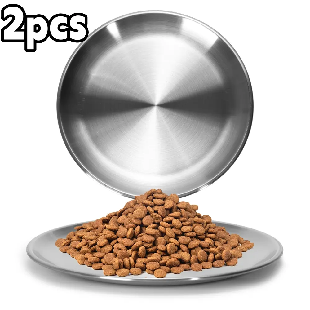 2 Sets Shallow Style Stainless Steel Cat Dishes for Food and Water Bowls for Small Pets Rel Shallow Wet Feeding Dishes, Easy-to-Clean Indoor Flat Feeding Trays for Cats and Dogs (6.7")
