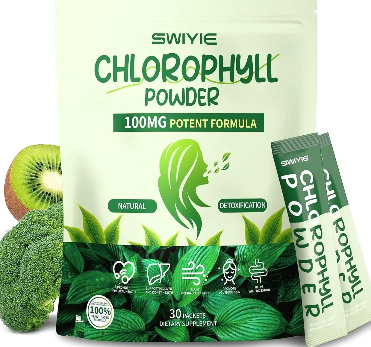 Chlorophyll Powder – 100mg Liquid Clorofila for Drinking – Natural Herbal Detox Supplement – Supports Gut & Breath – Chlorophyll Water Formula – 10g x 30 Packets