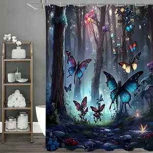1pc Enchanting Forest Butterfly Shower Curtain - Waterproof & Mildew-Resistant - Includes Easy-Glide Hooks, Perfect for Bathroom Decor & Bathtub Privacy