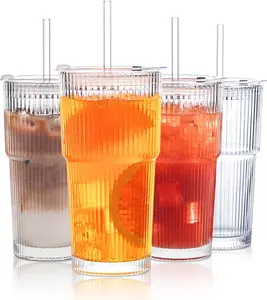 18oz (540ml) 4-Pack Ribbed Glass Tumblers with Lid, Aesthetic Thickened Cup for Iced Coffee Smoothie Cocktail Juice