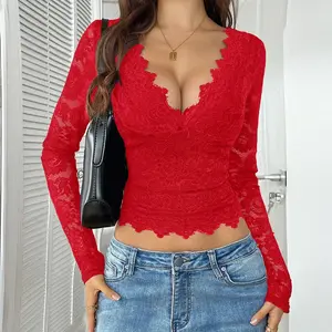 Women's sexy mesh transparent lace long sleeved top, red slim fit low round neck top, split top, deep V-neck crop top, casual wear, office dressRAIMENTRY