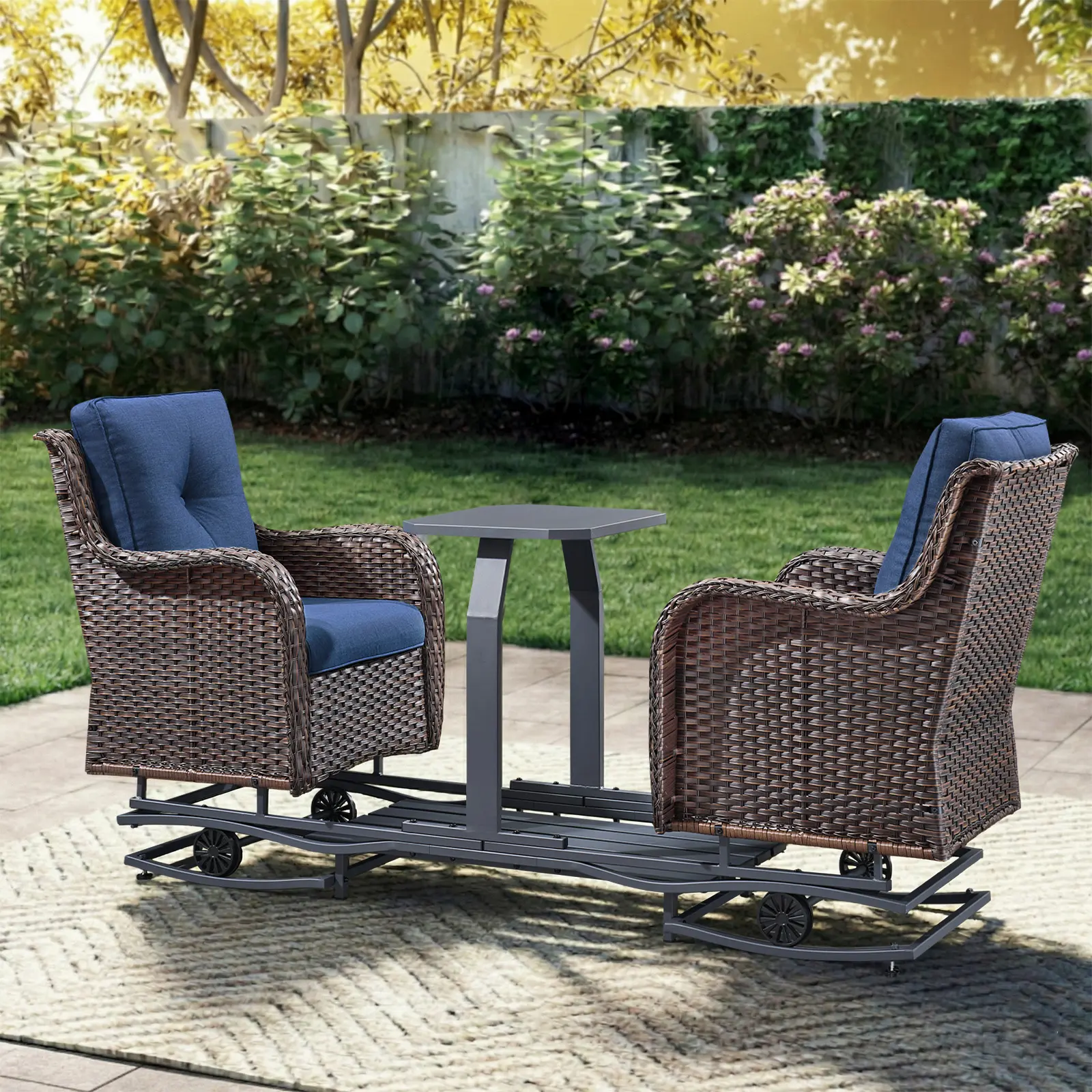 Belord 95" Wicker Glider Loveseat, Built-in Table & Foot Pedals, NTC Series