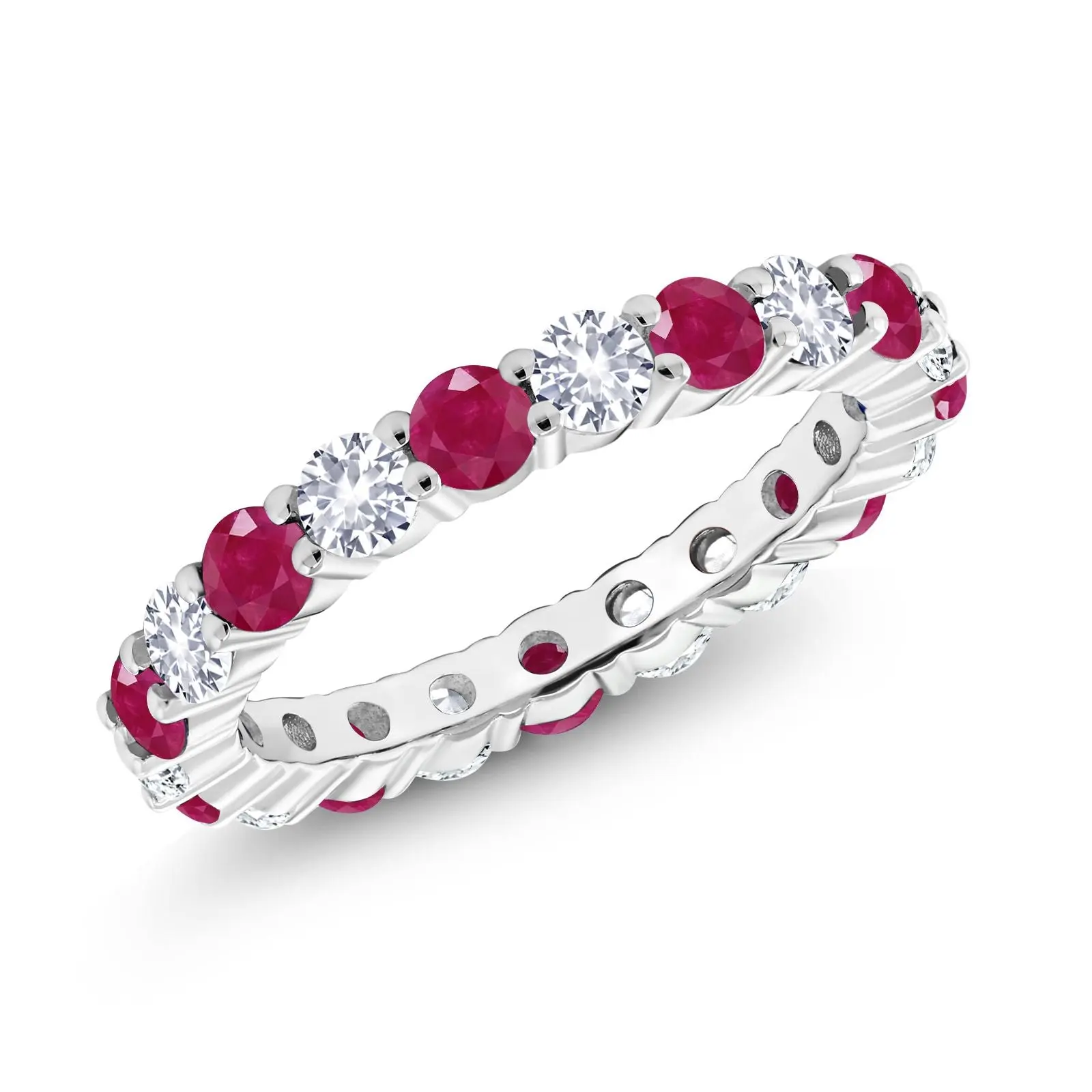 Gem Stone King Women's 2.85 Cttw 3MM Round Red Ruby & White Created Sapphire 925 Sterling Silver Eternity Band - Daily Wear Birthstone Jewelry for Women