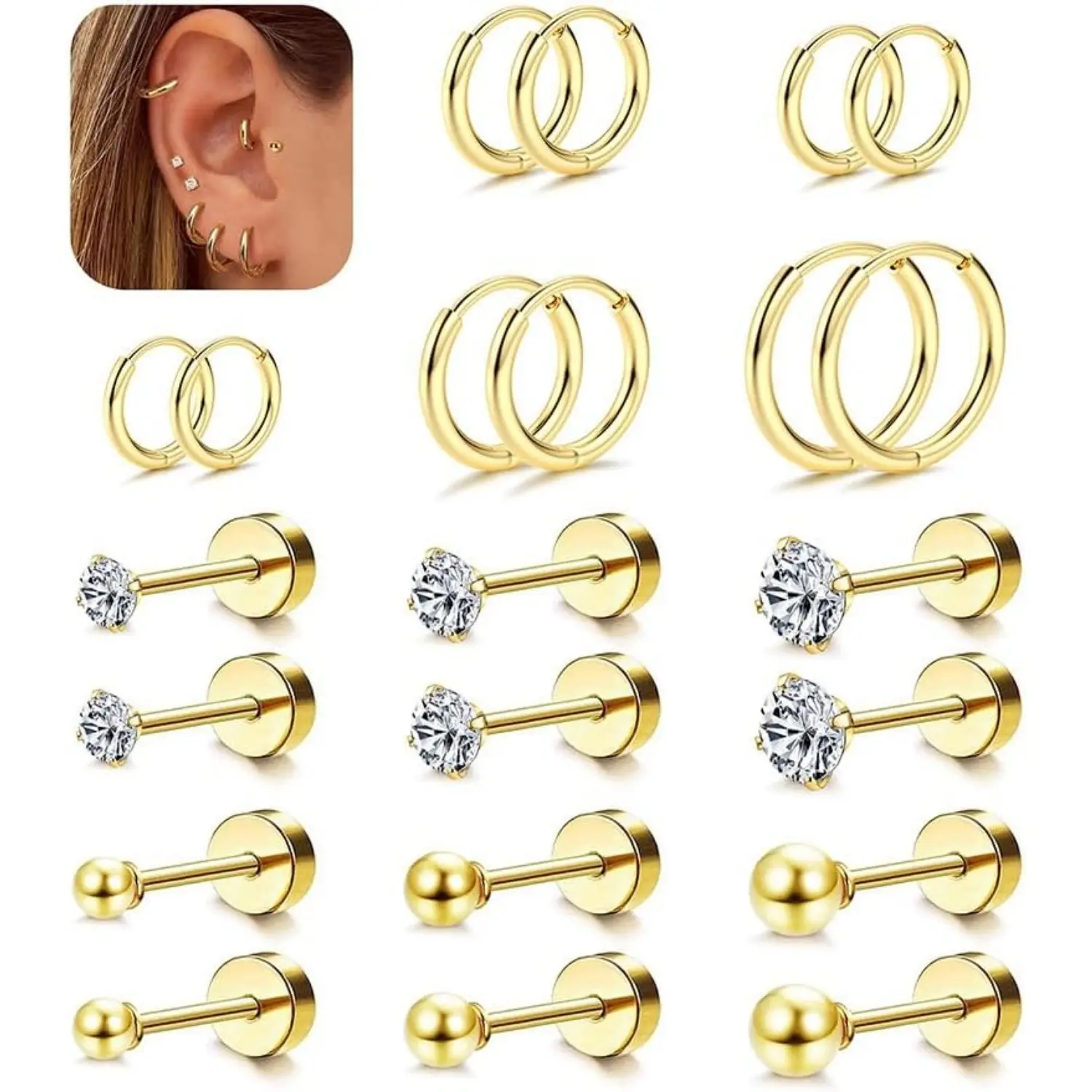 Gold Tone-Ball&CZ&Hoops