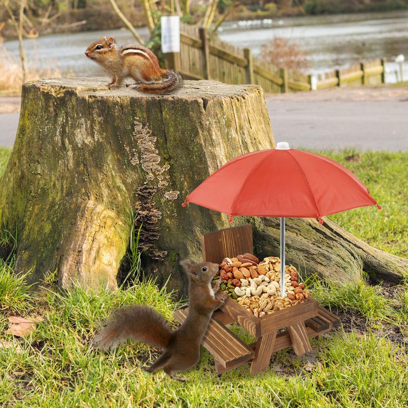 Wood Squirrel Feeder with Umbrella Sturdy Carbonized Wood Squrrill Feeder Table Squirrel Feeders with Corn Cob Holder Wooden Squirrel Feeder Table for Outside Chipmunk Feeder for Yard Porch