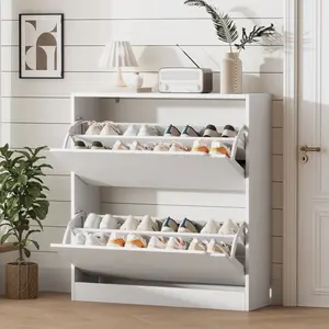 Shoe Storage Cabinet for Entryway with 2 Flip Drawers, Sturdy Wood Hidden Shoe Storage, Freestanding Narrow Slim Shoe Organizer for Front Door Entrance, Living Room, Hallway, Bedroom, Grey  Natural Finish