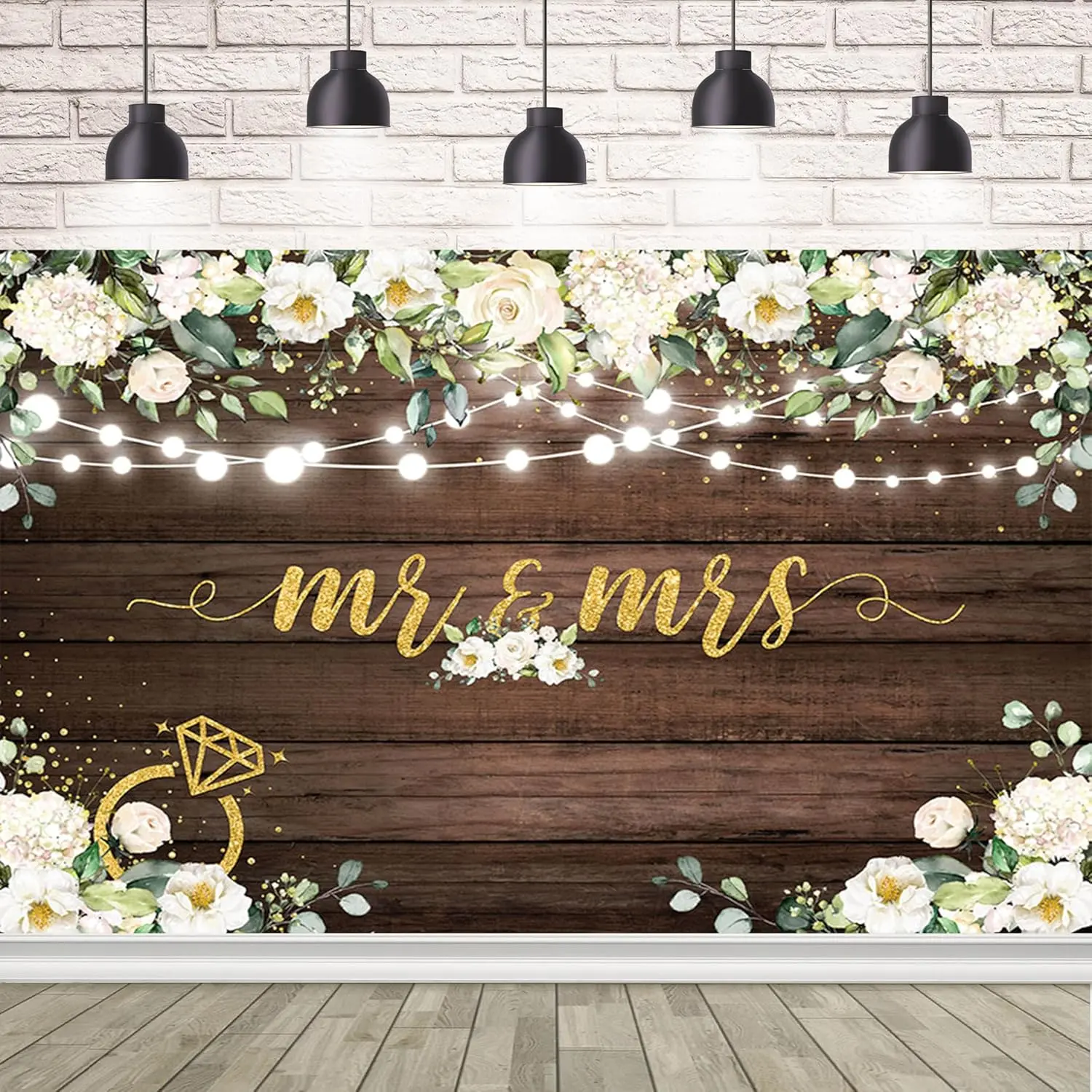 Rustic Flower-Patterned Mr and Mrs Wedding Backdrop, Cozy Lightweight Peach Polyester Fabric Tapestry, Wrinkle-Resistant HD Print Room Decor for Bridal Shower Photo Booth Photography, Wall