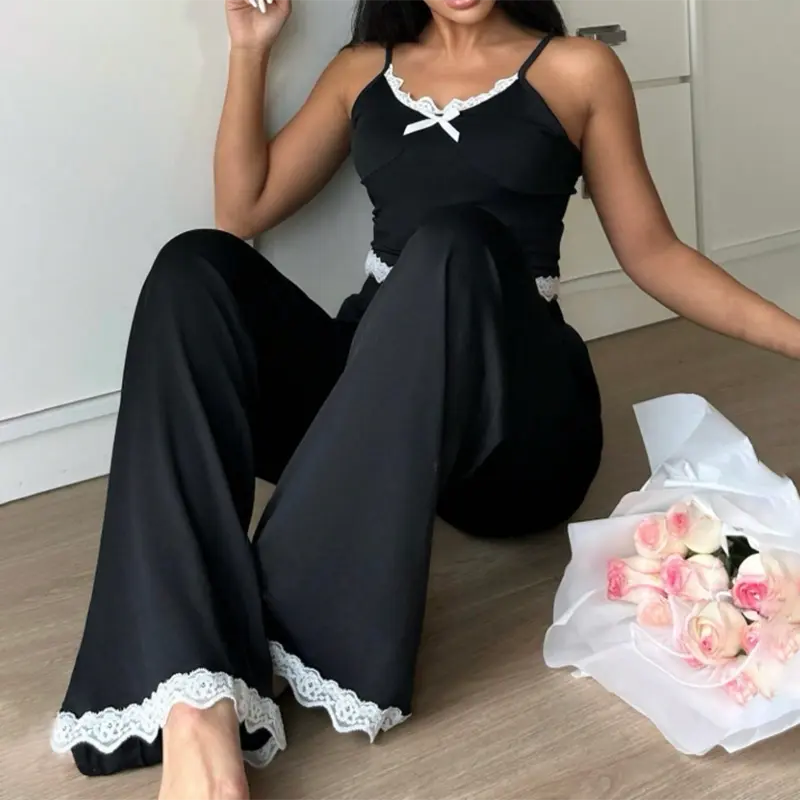 Women's 2-Piece Contrast Lace Trim Cami Pajama Set - V-Neck Spaghetti Strap Sleeveless Shirt with Bow, Wide Leg Pants Polyester PJ Sets for Women, Ladies Sleepwear Loungewear