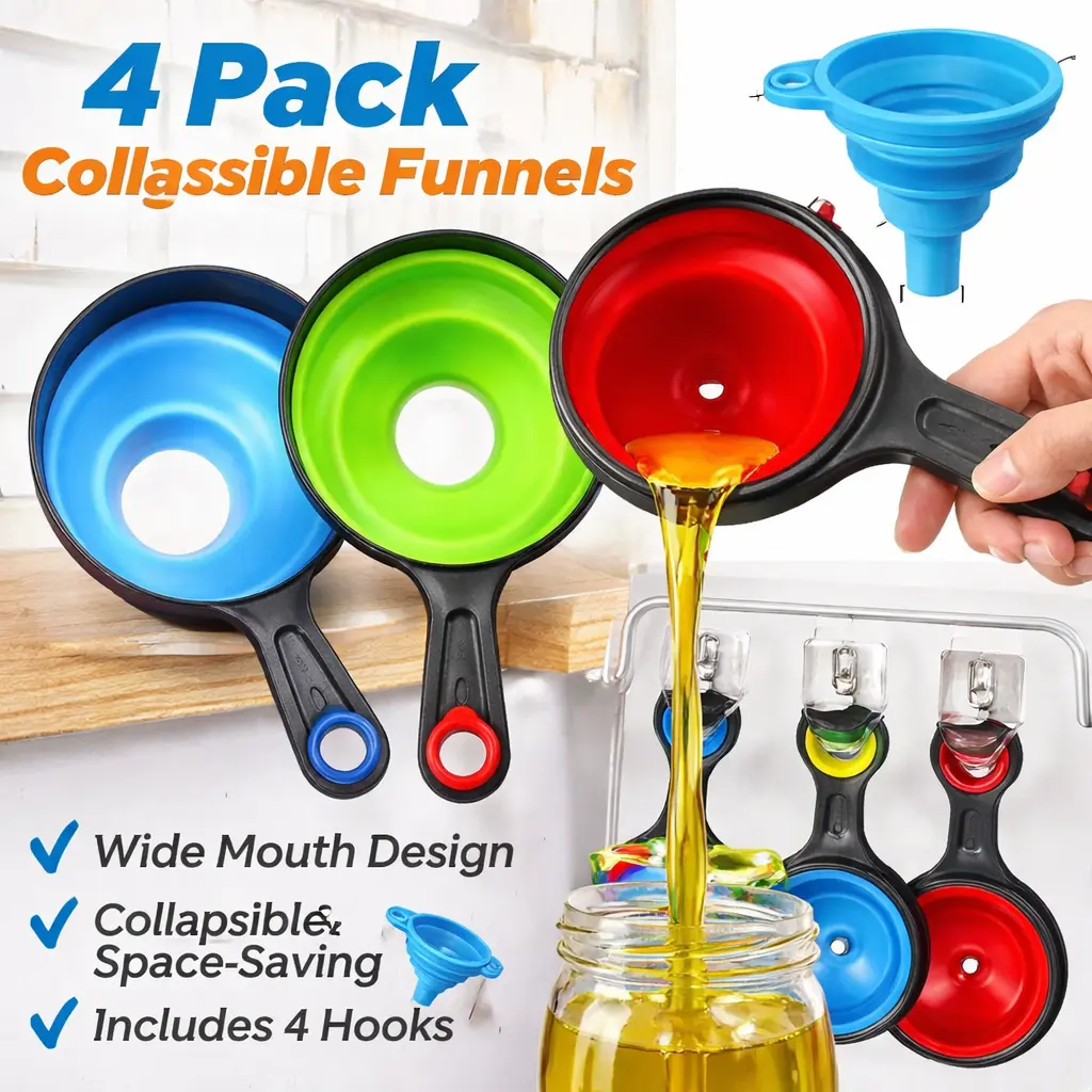 4-Set Large Silicone Kitchen Funnel and Strainer Set - Foldable, Wide Mouth, Includes 4 Hooks, Space-Saving, Collapsible for Oils, Syrups - No Mess Home Supply Gift for Kitchen Use