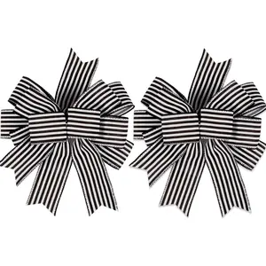 2 Pack Black White Stripe Halloween Fall Bows for Wreaths,12"x9.4"Black and White Christmas Decorations Bow for  Wrapping Tree Topper Wedding Holiday Birthday Party Wall  Front Door