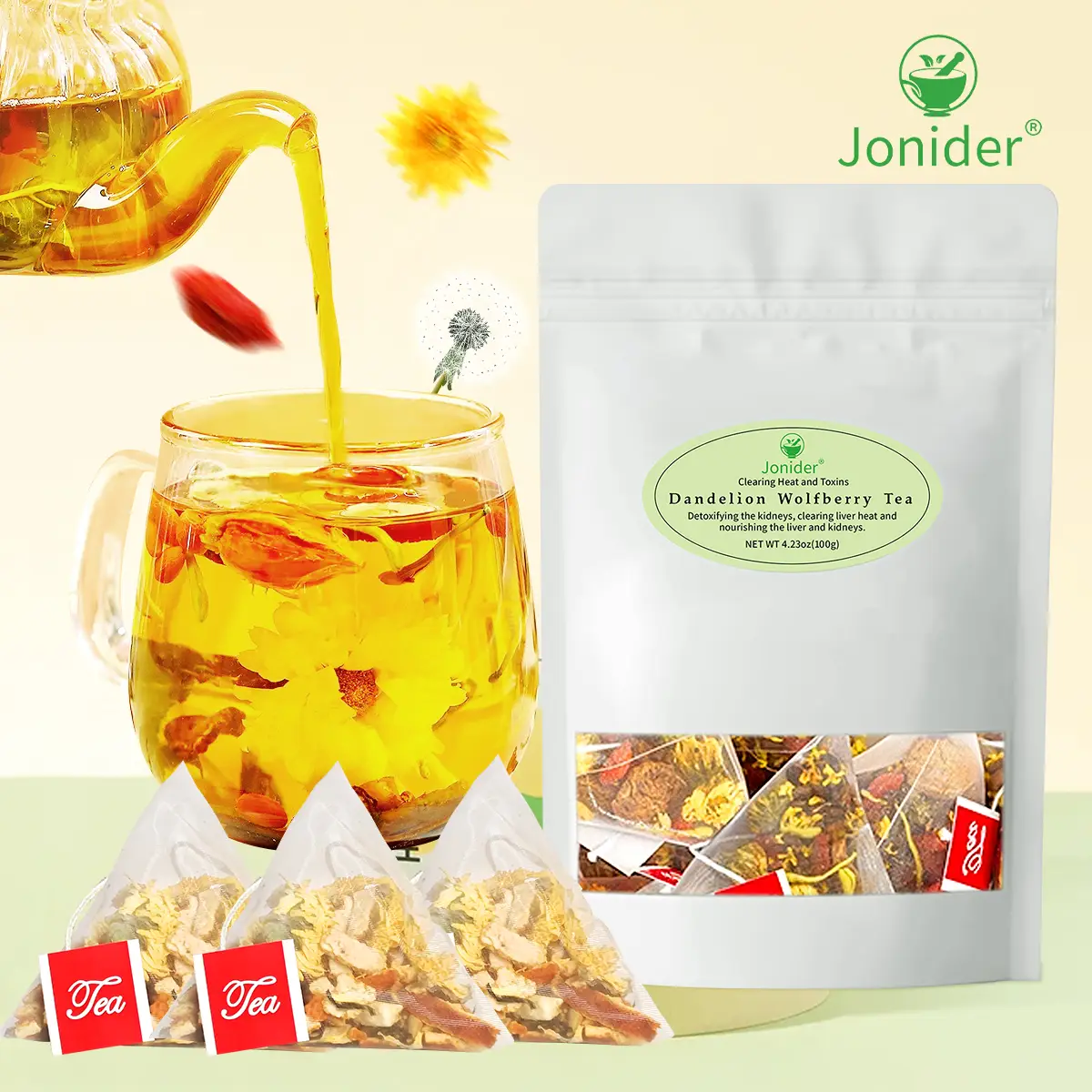 Jonider Dandelion Wolfberry Tea - Natural Blend of 6 Herbs for Kidney Detox - 120g Pack - Light Fragrance with Chrysanthemum - Herbal, Beverage