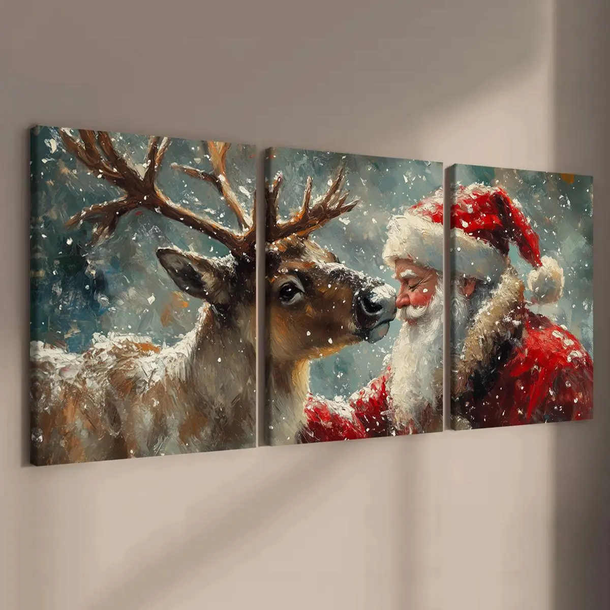 Christmas Holiday Winter Wooden Framed Canvas Painting, 3 Counts/set Vintage Santa Claus & Deer Pattern Wall Art, Wall Decor for Home Living Room Bedroom Office, Home Decor