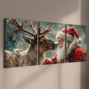 Christmas Holiday Winter Wooden Framed Canvas Painting, 3 Counts/set Vintage Santa Claus & Deer Pattern Wall Art, Wall Decor for Home Living Room Bedroom Office, Home Decor