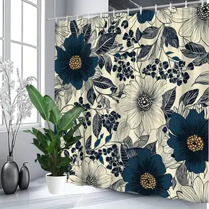 Vintage Floral Print Shower Curtain Set (1/3/4pcs) - Navy Blue & Beige Botanical Design, Waterproof Polyester, Machine Washable, Bath Essential with Plastic & Metal Components