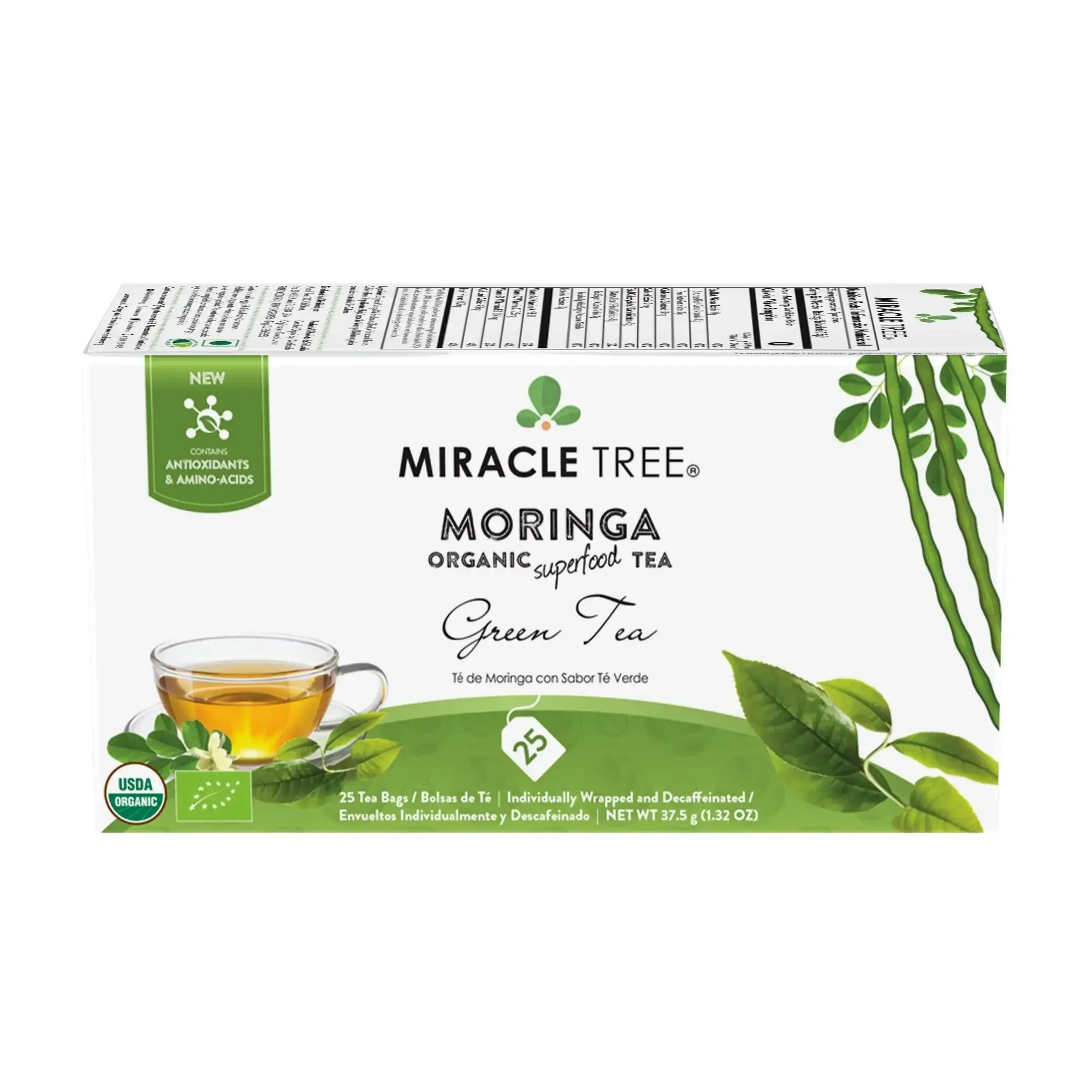 Miracle Tree Organic Moringa Green Tea - Decaffeinated Herbal Blend with Vitamins & Antioxidants - 25 Plastic-Free Tea Bags - USDA Certified Organic - Vegan & Gluten-Free - Beverage