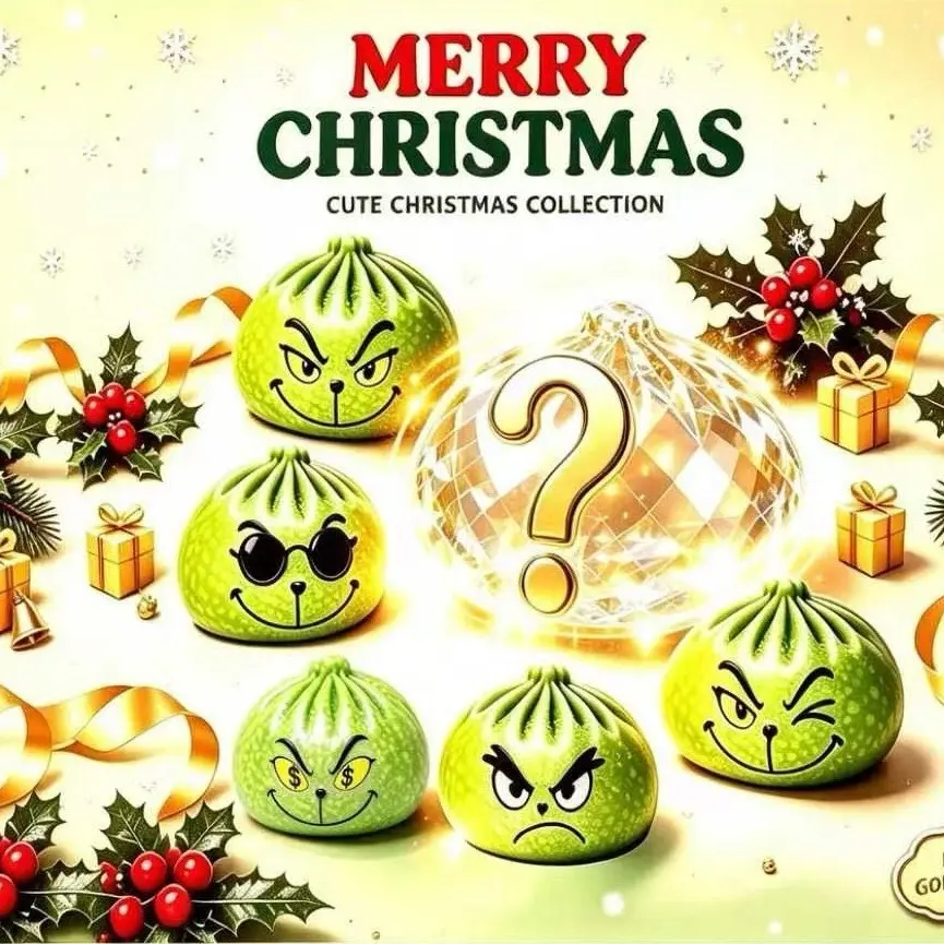 Green Grumpy Dumpling Squishy Mystery Blind Box, Cute Christmas Character Stress Relief Squeeze Toy, Holiday Fidget Gift