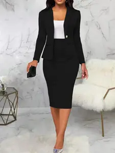 Two-piece Set Women's Solid Color Button Front Pocket Blazer & Skirt Set, Elegant Lapel Neck Long Sleeve Outerwear & Pencil Skirt for Work Office Business, Ladies Fall & Winter Clothes