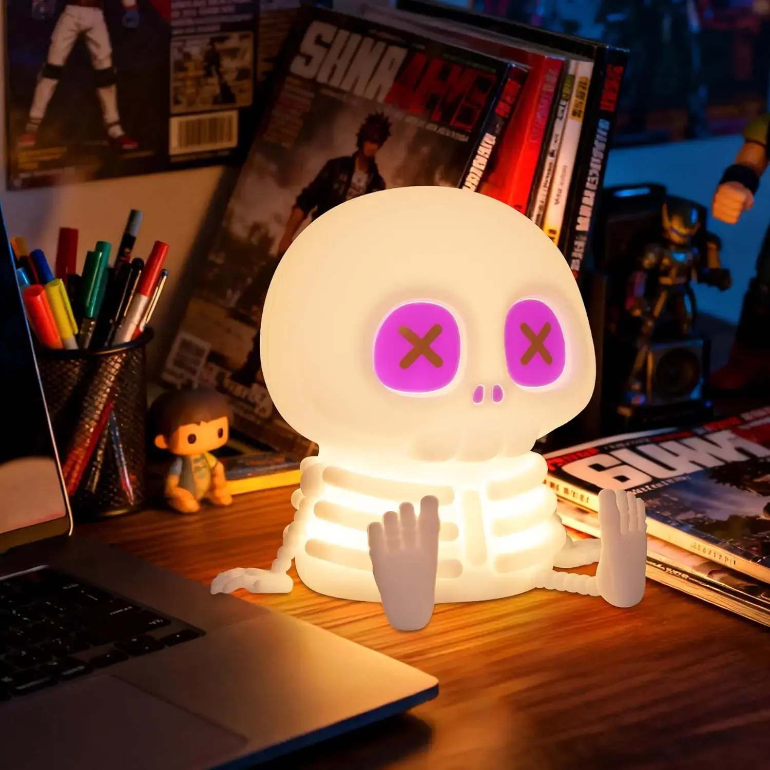 Silicone Skeleton Skull Night Light - Adjustable Warm Light, Touch Control LED Bedside Lamp, Halloween Festive Decor, Birthday Gift (Skeleton Theme, Skull Shape, Silicone Lamp)