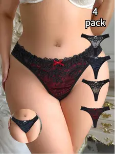 Double Layer Cutout Colorblock Women's Thong, Sexy Lace Trim Pure Desire Tights, Seasonal Date Night Underwear, 4 Pairs Set, Lace Underwear Panties