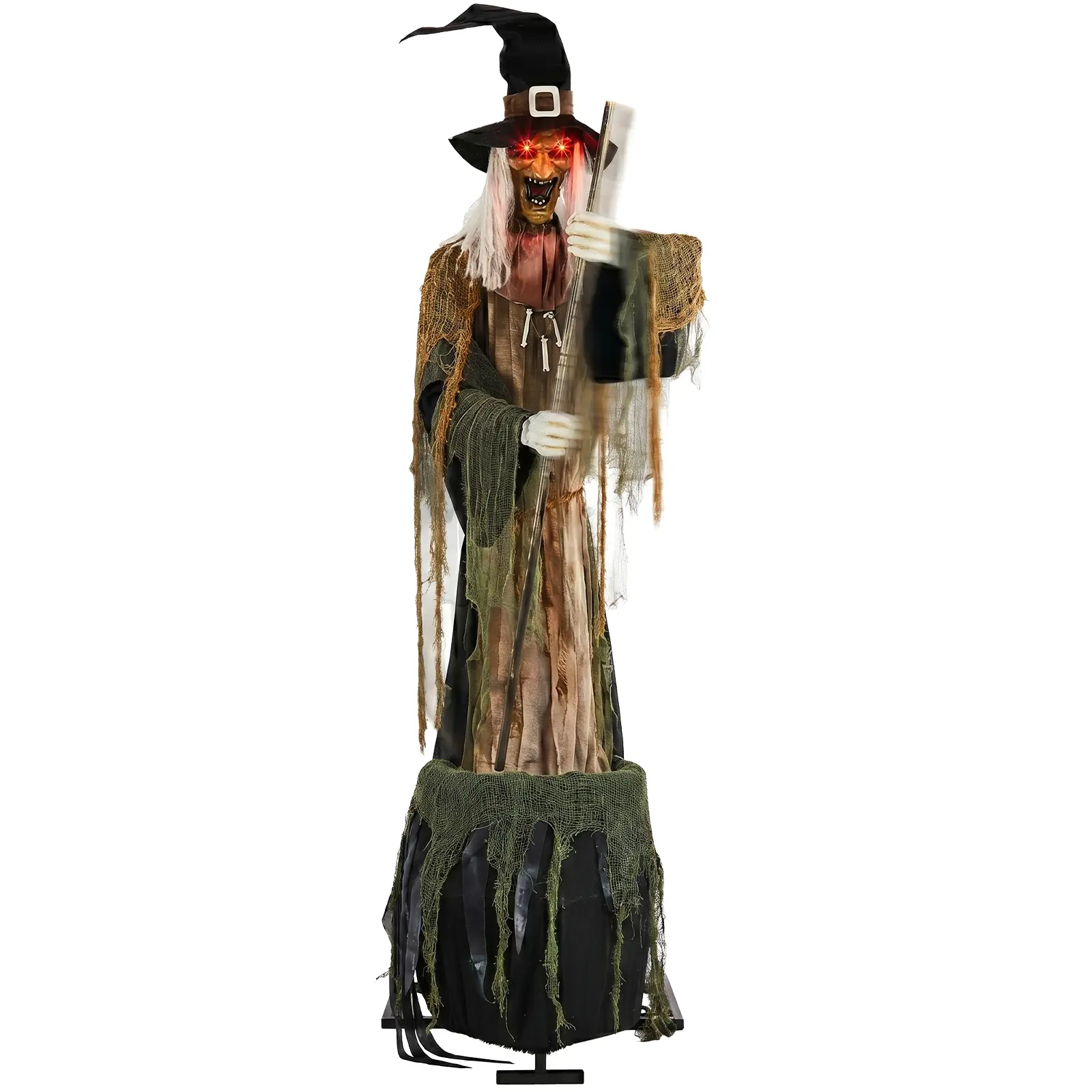 UBESGOO 7FT Potion-Making Witch Halloween Standing Decor, Sound Activated, Red LED Glowing Eyes, Green LED Light on Cauldron, Stirring Wand Motion, Creepy Female Voice, Battery Operated (Batteries Not Included)