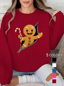 Funny Gingerbread Man Print Sporty Fleece Round Neck Sweatshirt, Cute Holiday Cookie Top, Cane Sugar Zipper Pattern, Christmas Gift