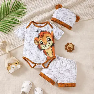 Baby Boy Summer Clothes Cartoon Lion Print Short Sleeve Romper, Shorts & Lion Ear Hat 3Pcs Outfit Set XPTBB25