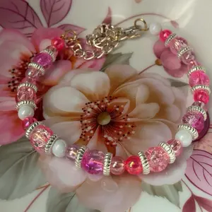 Pink’s Return Glass and Acrylic Beaded Handmade Bracelet on Wire with Chain for Adjustment